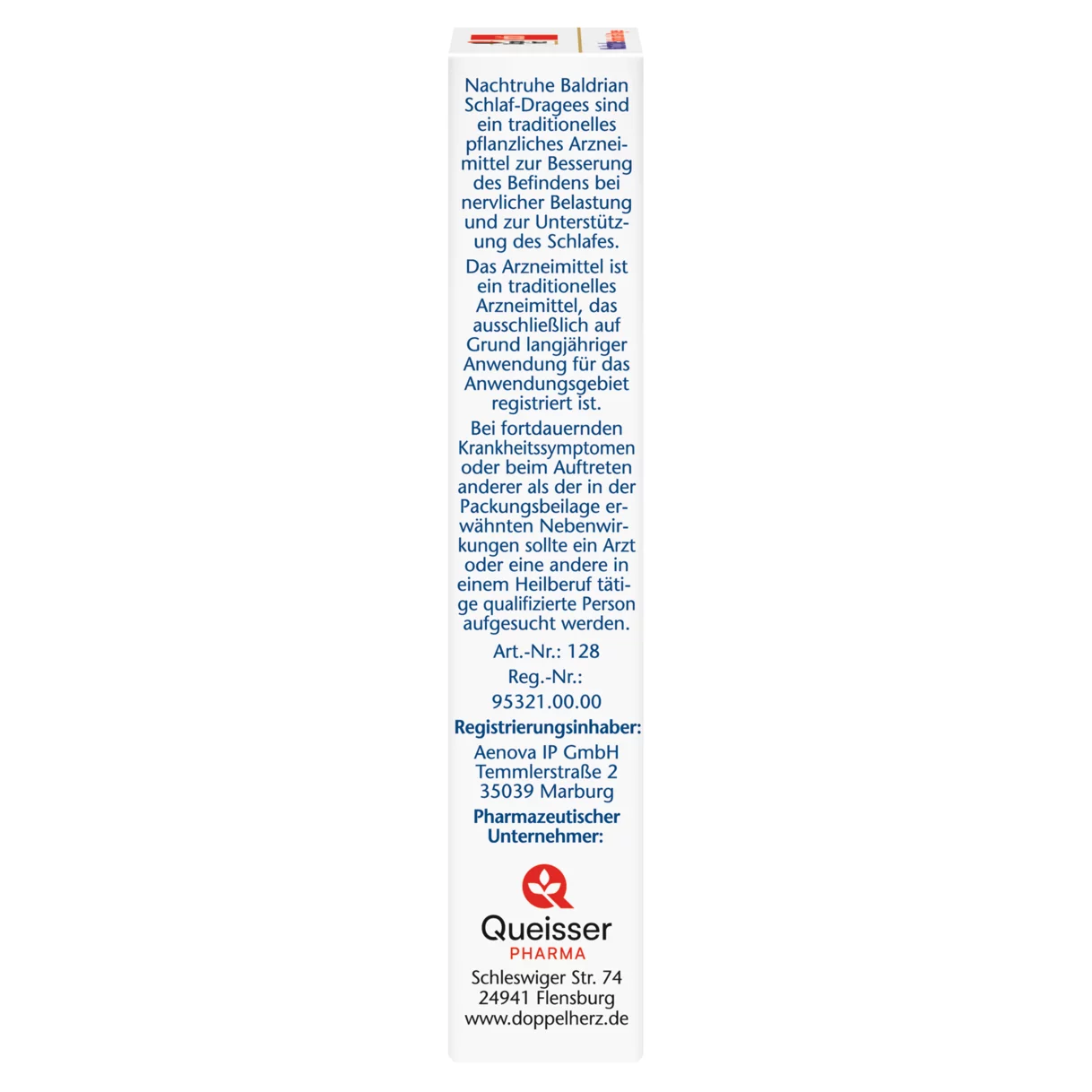 Abbildung der Produktverpackung Doppelherz aktiv Nachtruhe Baldrian Schlaf-Dragees Seitenansicht links